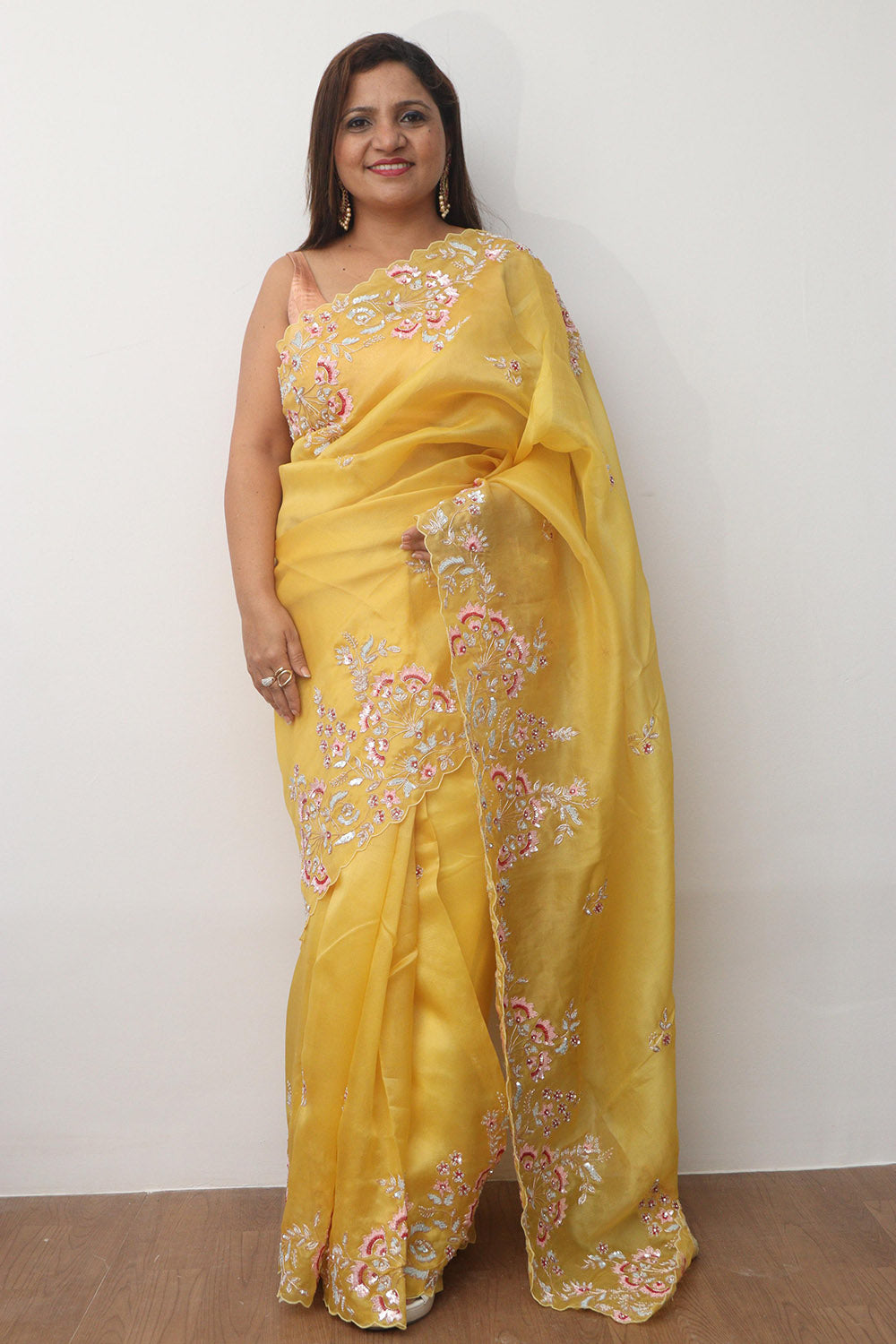 Yellow Trendy Zardozi Hand Work Pure Organza Flower Design Saree - Luxurion World
