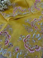Yellow Trendy Zardozi Hand Work Pure Organza Flower Design Saree - Luxurion World