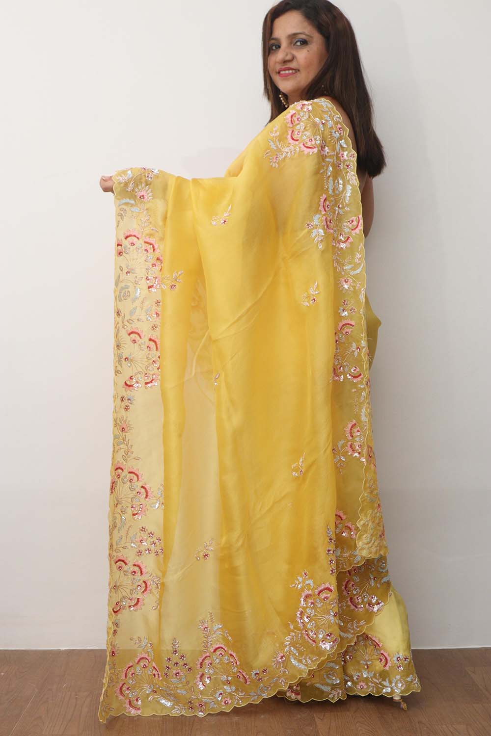 Yellow Trendy Zardozi Hand Work Pure Organza Flower Design Saree - Luxurion World