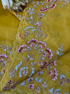Yellow Trendy Zardozi Hand Work Pure Organza Flower Design Saree - Luxurion World