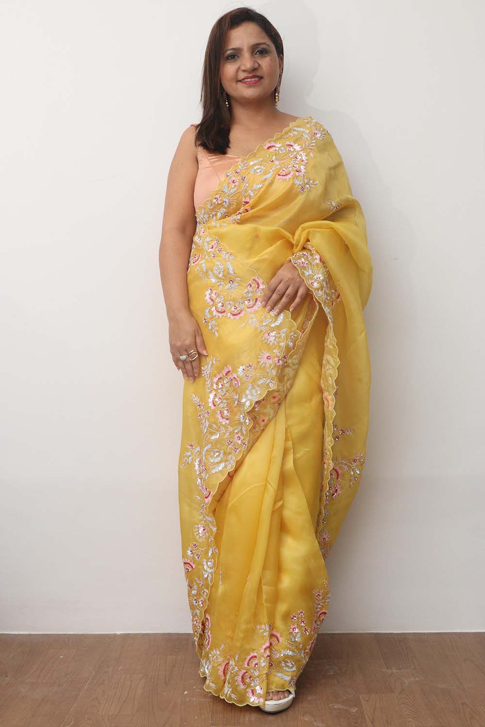 Yellow Trendy Zardozi Hand Work Pure Organza Flower Design Saree - Luxurion World