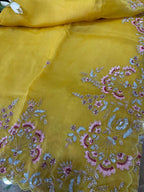 Yellow Trendy Zardozi Hand Work Pure Organza Flower Design Saree - Luxurion World