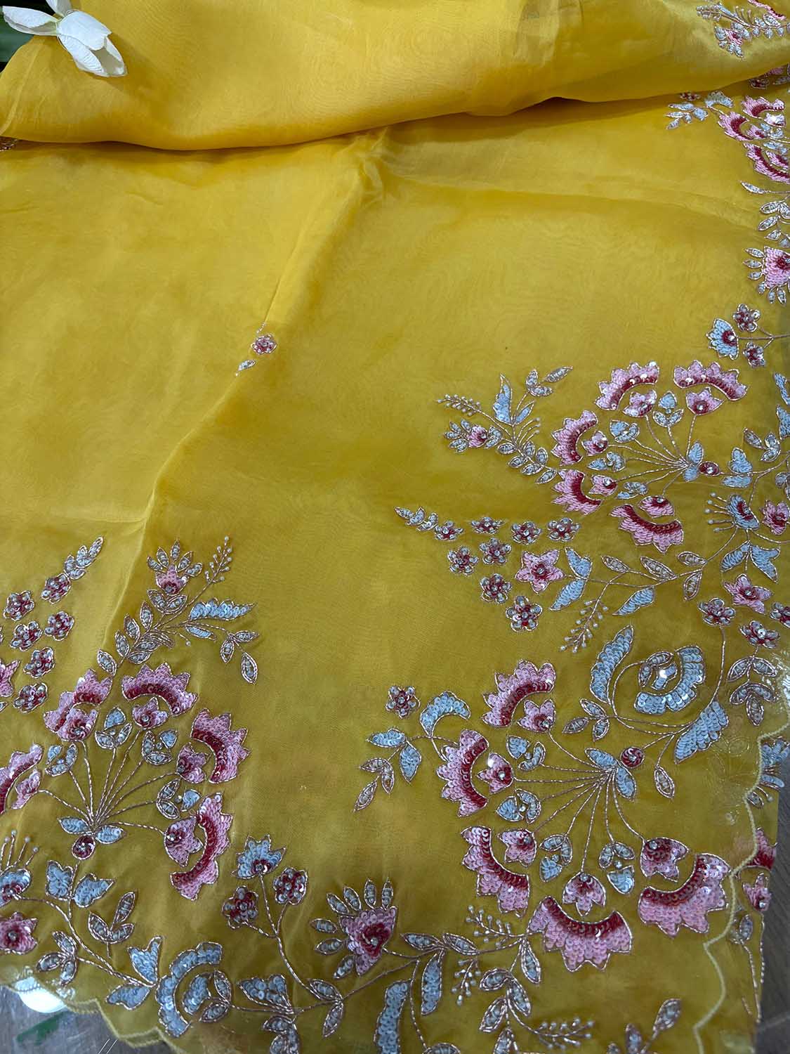 Yellow Trendy Zardozi Hand Work Pure Organza Flower Design Saree - Luxurion World
