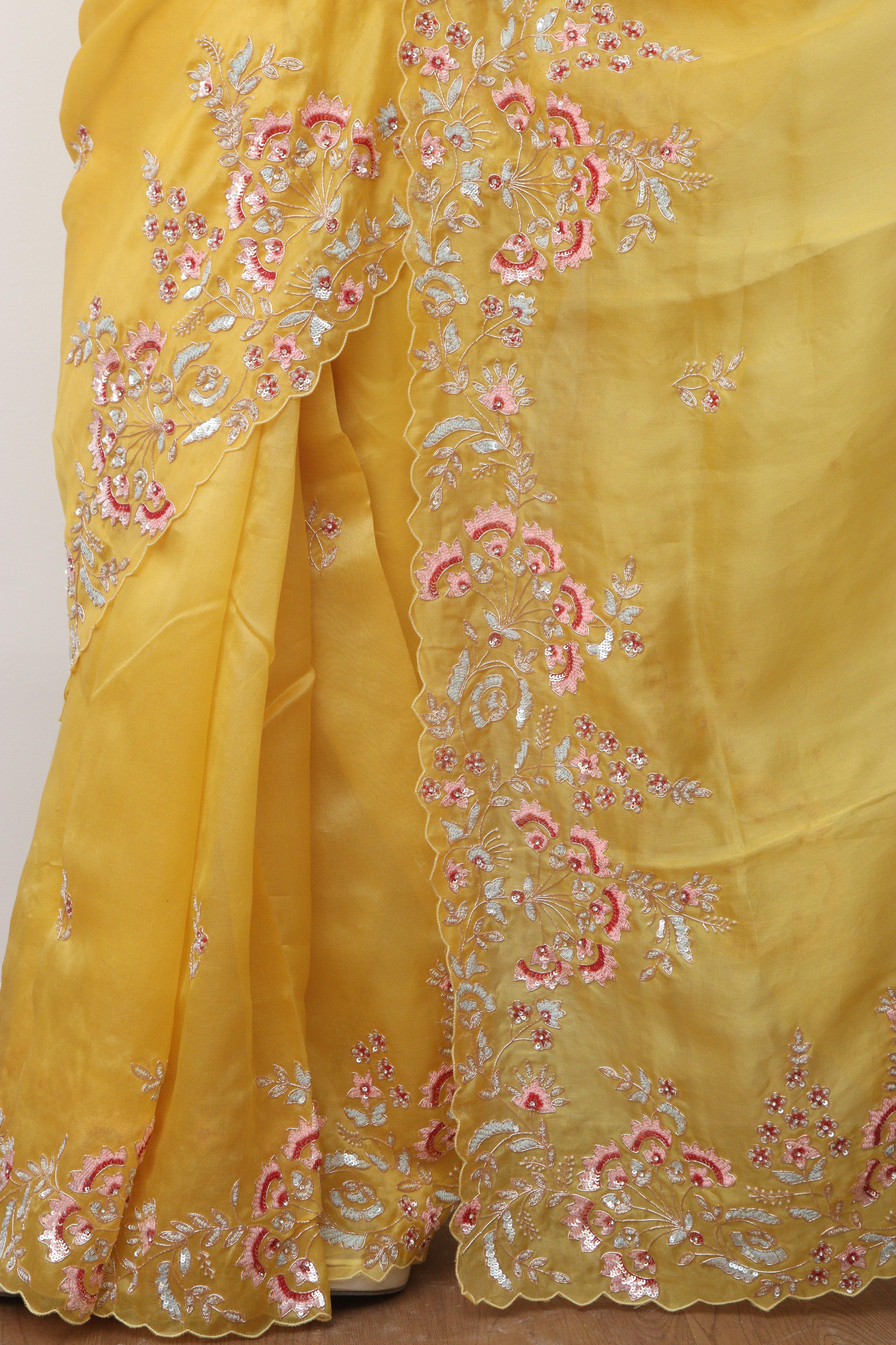 Yellow Trendy Zardozi Hand Work Pure Organza Flower Design Saree - Luxurion World