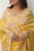 Yellow Trendy Zardozi Hand Work Pure Organza Flower Design Saree - Luxurion World