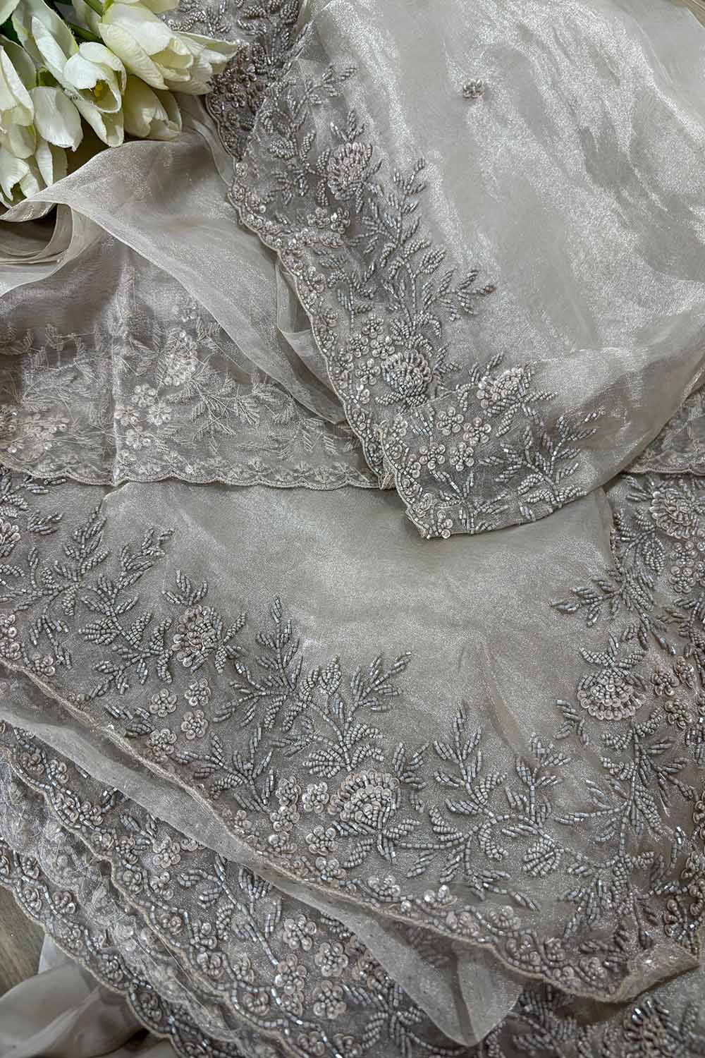 Pastel Trendy Zardozi Hand Work Pure Organza Flower Design Saree - Luxurion World