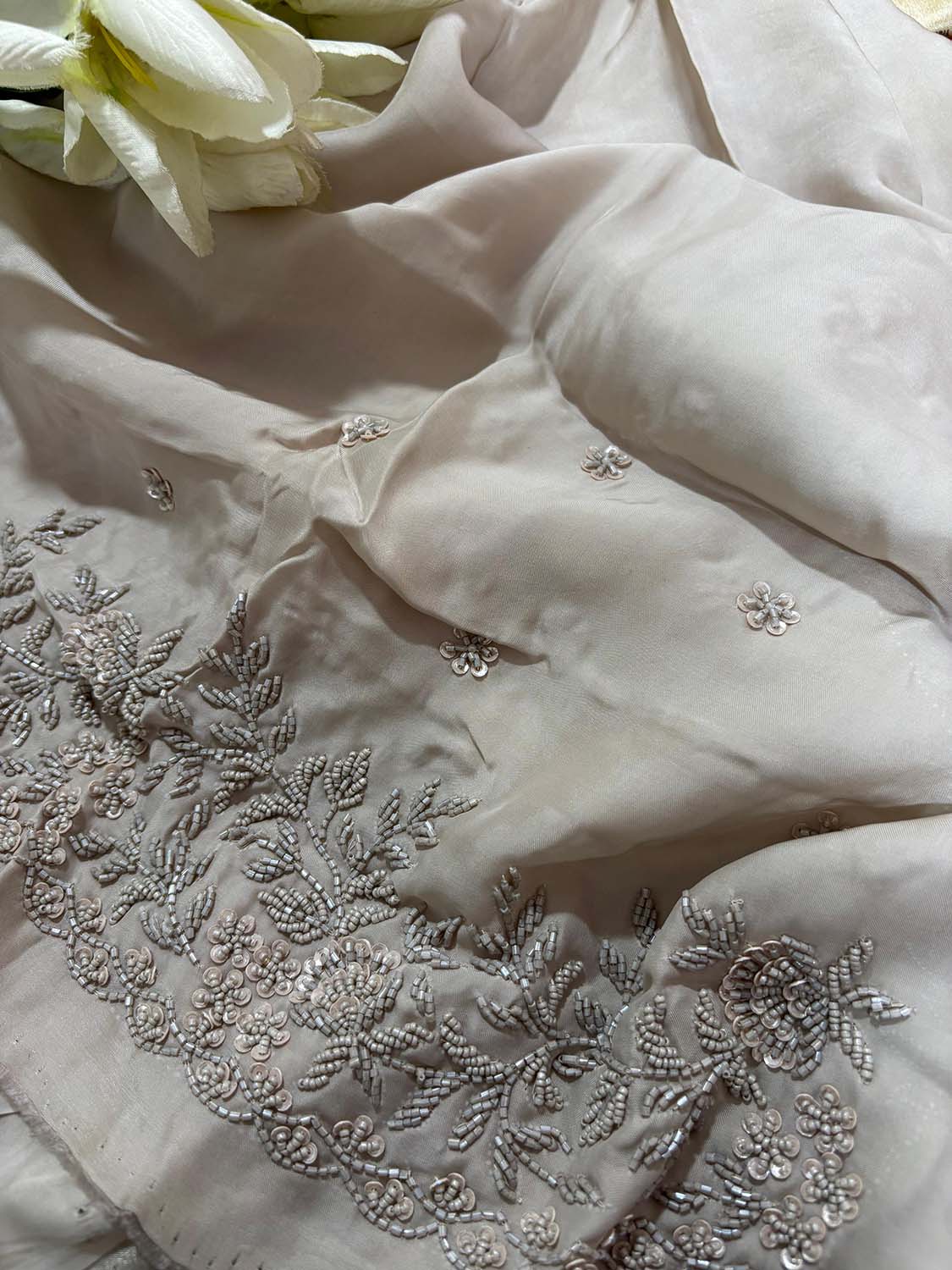 Pastel Trendy Zardozi Hand Work Pure Organza Flower Design Saree - Luxurion World