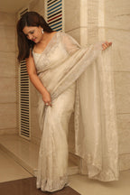 Pastel Trendy Zardozi Hand Work Pure Organza Flower Design Saree - Luxurion World
