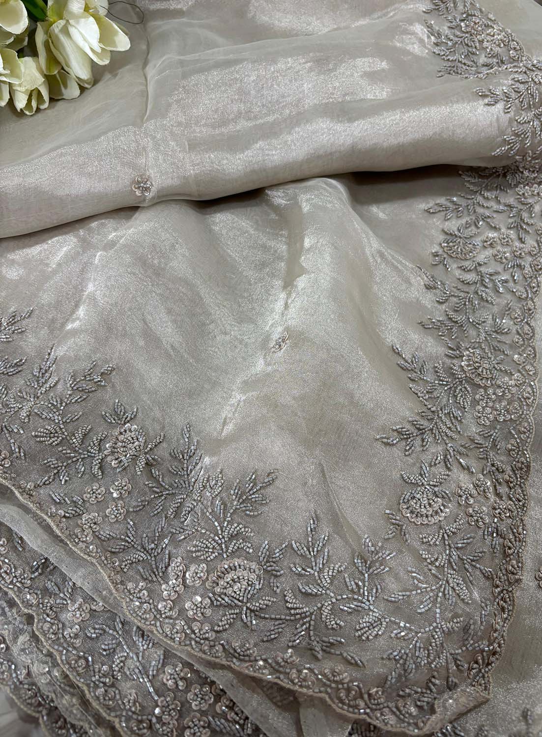 Pastel Trendy Zardozi Hand Work Pure Organza Flower Design Saree - Luxurion World