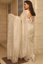 Pastel Trendy Zardozi Hand Work Pure Organza Flower Design Saree - Luxurion World