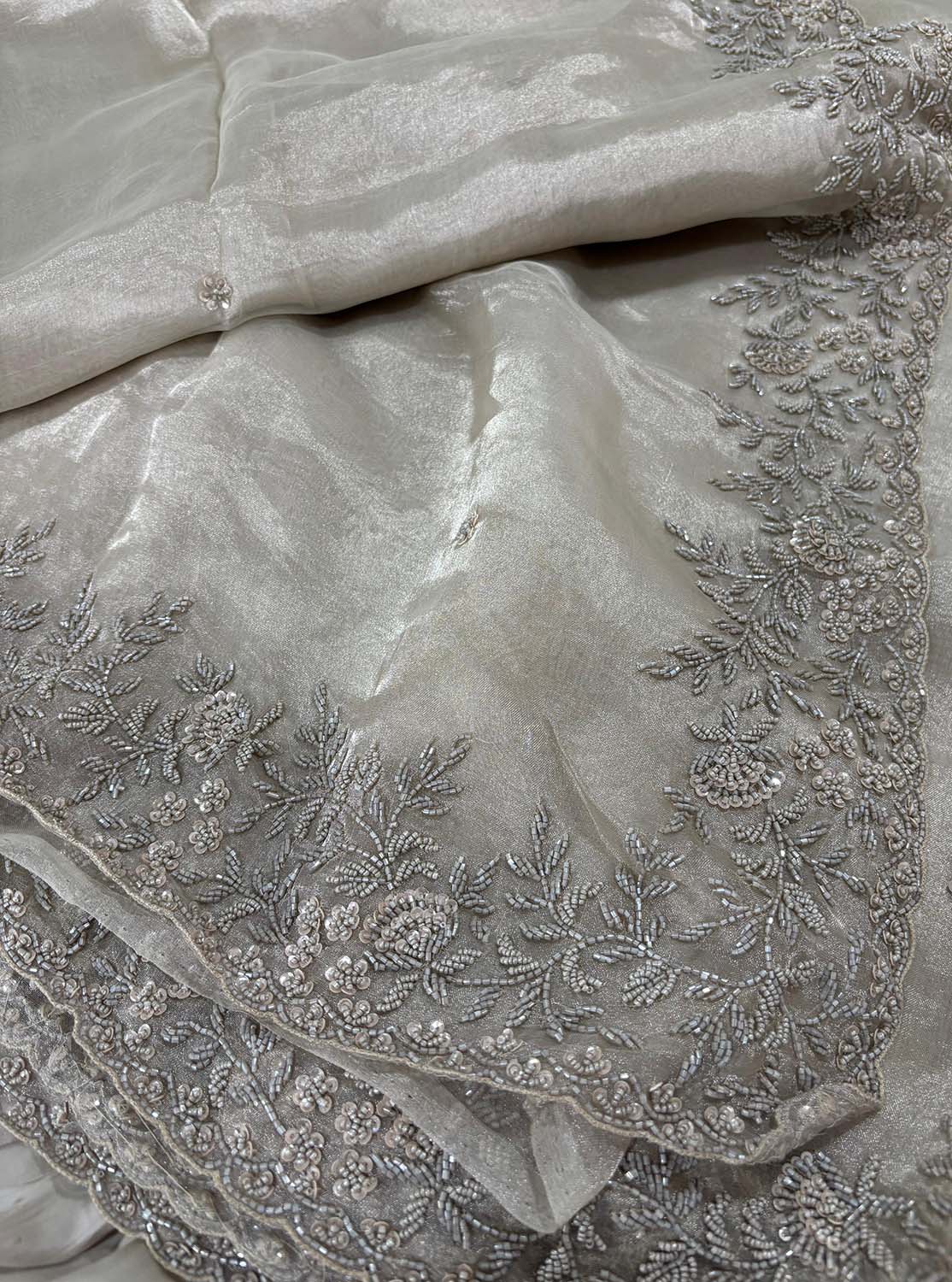 Pastel Trendy Zardozi Hand Work Pure Organza Flower Design Saree - Luxurion World