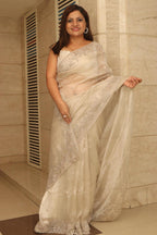 Pastel Trendy Zardozi Hand Work Pure Organza Flower Design Saree - Luxurion World