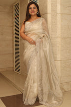 Pastel Trendy Zardozi Hand Work Pure Organza Flower Design Saree - Luxurion World