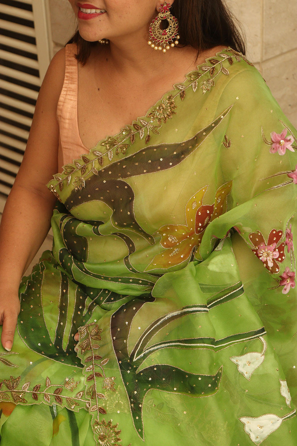 Green Trendy Hand Painted Zardozi Hand Work Pure Organza Flower Design Saree - Luxurion World