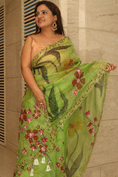 Green Trendy Hand Painted Zardozi Hand Work Pure Organza Flower Design Saree - Luxurion World