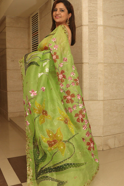 Green Trendy Hand Painted Zardozi Hand Work Pure Organza Flower Design Saree - Luxurion World