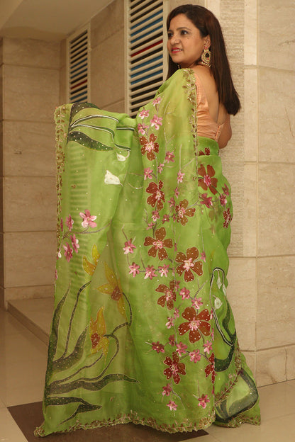 Green Trendy Hand Painted Zardozi Hand Work Pure Organza Flower Design Saree - Luxurion World