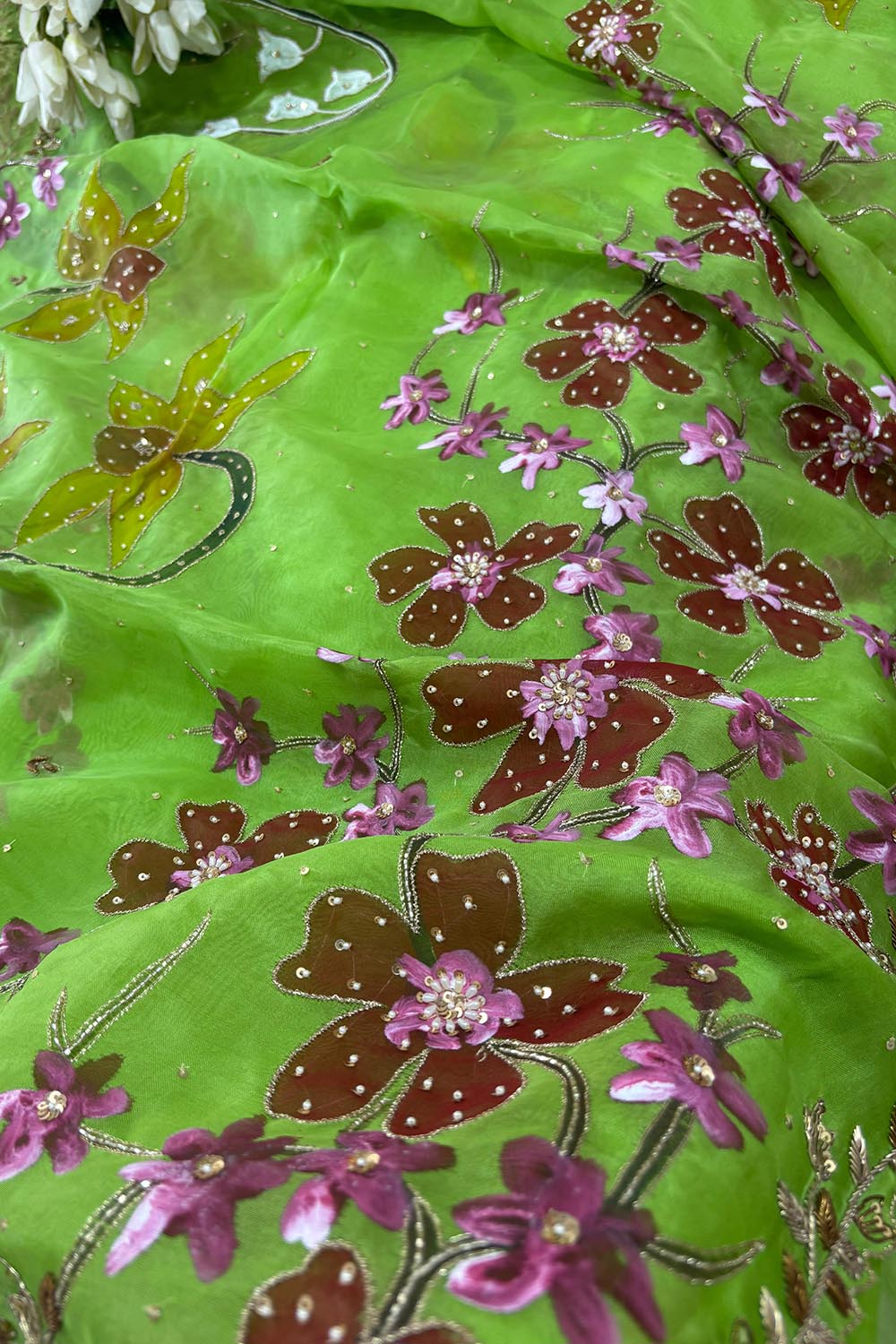 Green Trendy Hand Painted Zardozi Hand Work Pure Organza Flower Design Saree - Luxurion World