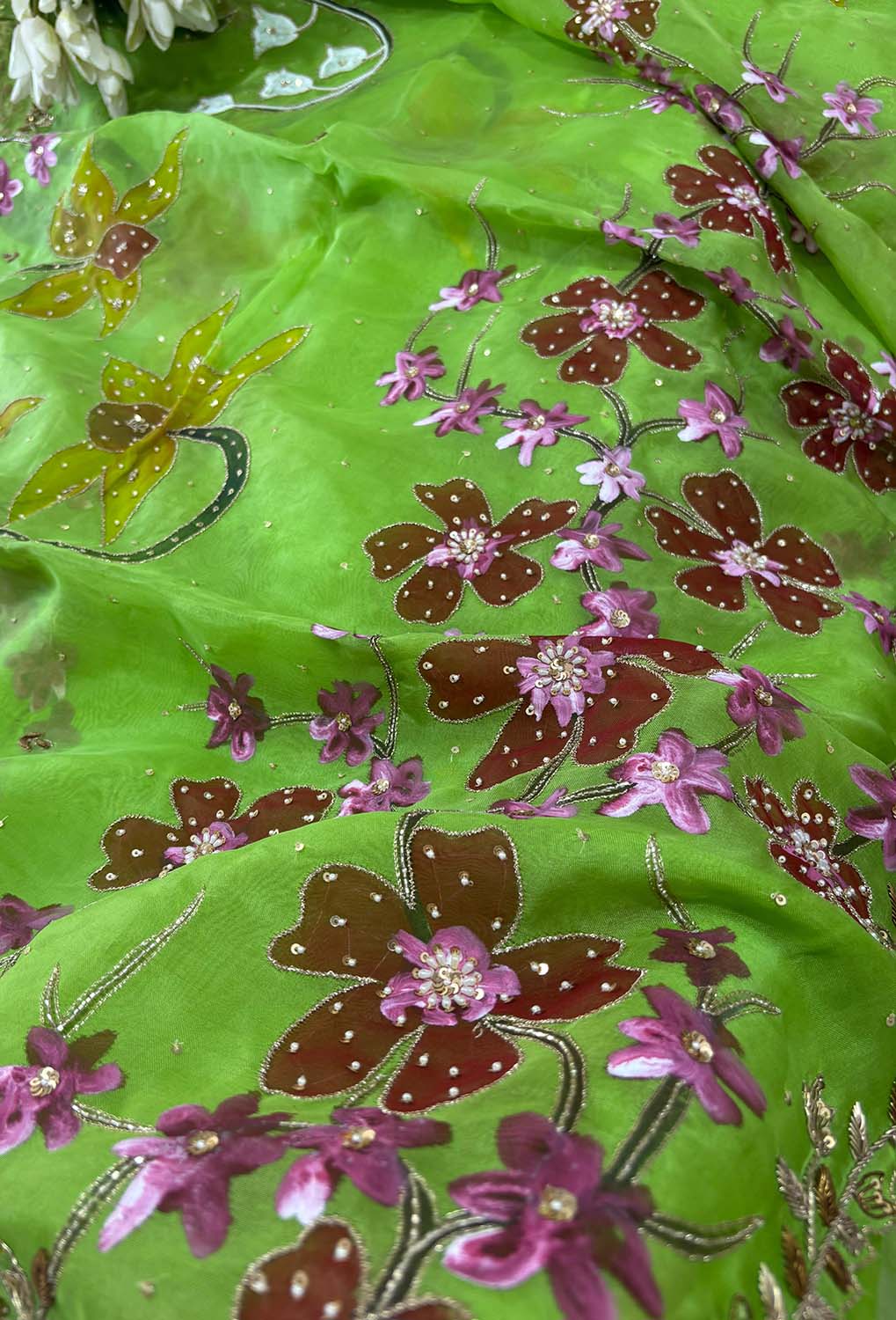 Green Trendy Hand Painted Zardozi Hand Work Pure Organza Flower Design Saree - Luxurion World