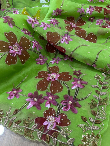 Green Trendy Hand Painted Zardozi Hand Work Pure Organza Flower Design Saree - Luxurion World
