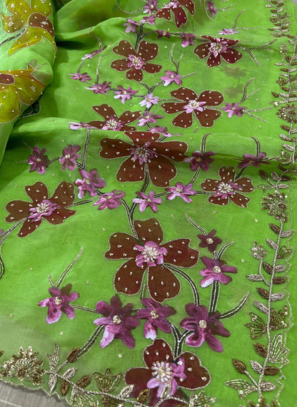 Green Trendy Hand Painted Zardozi Hand Work Pure Organza Flower Design Saree - Luxurion World