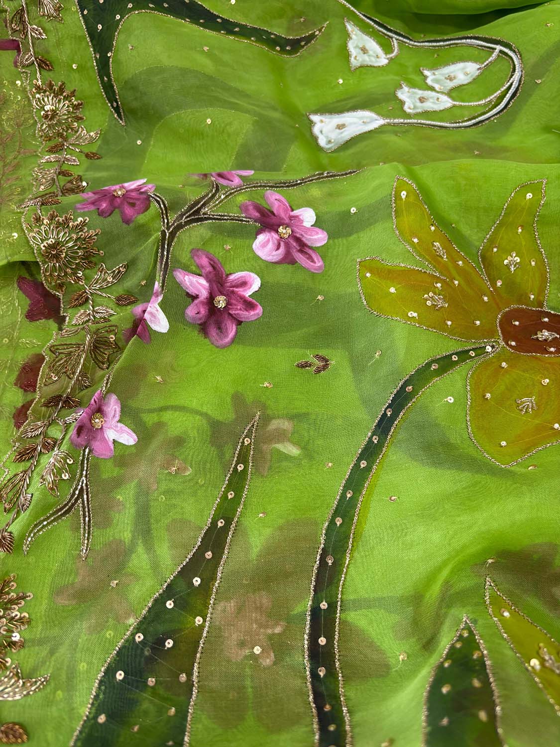 Green Trendy Hand Painted Zardozi Hand Work Pure Organza Flower Design Saree - Luxurion World