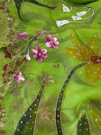 Green Trendy Hand Painted Zardozi Hand Work Pure Organza Flower Design Saree - Luxurion World