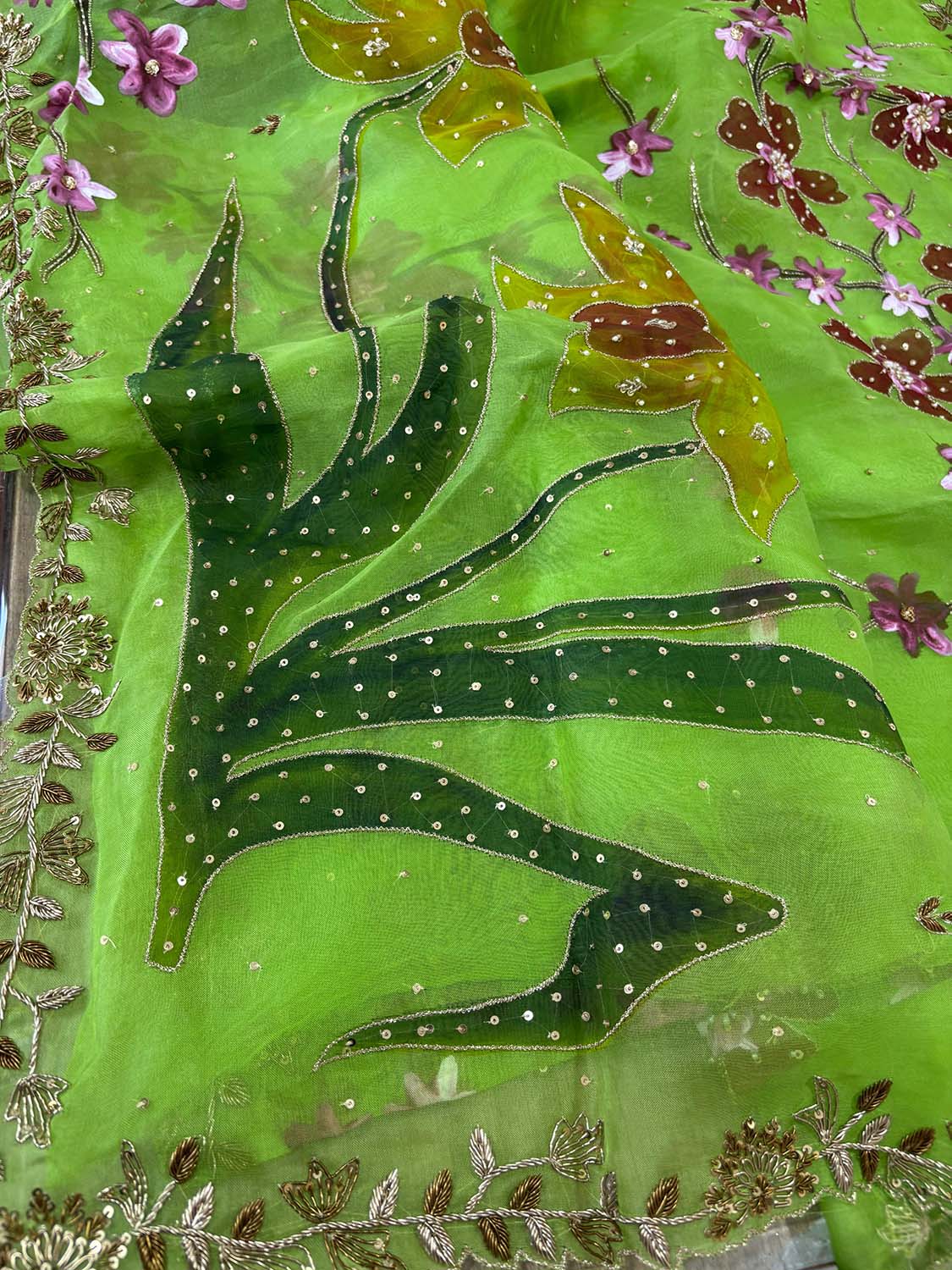 Green Trendy Hand Painted Zardozi Hand Work Pure Organza Flower Design Saree - Luxurion World