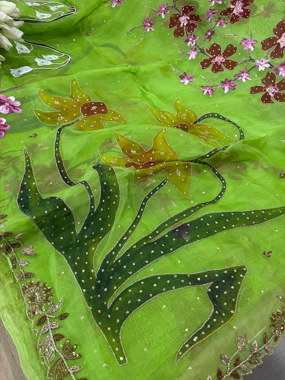 Green Trendy Hand Painted Zardozi Hand Work Pure Organza Flower Design Saree - Luxurion World