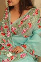 Blue Embroidered Trendy Pure Organza Silk French Knot Saree - Luxurion World