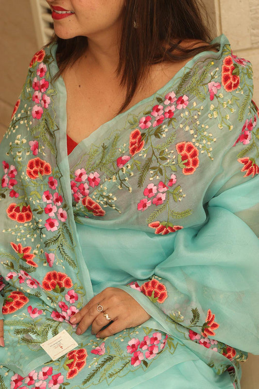 Blue Embroidered Trendy Pure Organza Silk French Knot Saree - Luxurion World