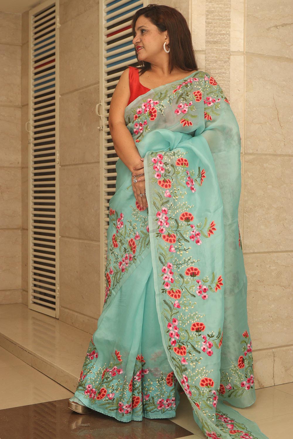 Blue Embroidered Trendy Pure Organza Silk French Knot Saree - Luxurion World