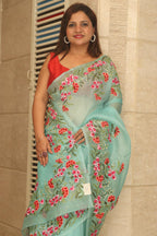 Blue Embroidered Trendy Pure Organza Silk French Knot Saree - Luxurion World