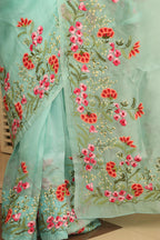 Blue Embroidered Trendy Pure Organza Silk French Knot Saree - Luxurion World