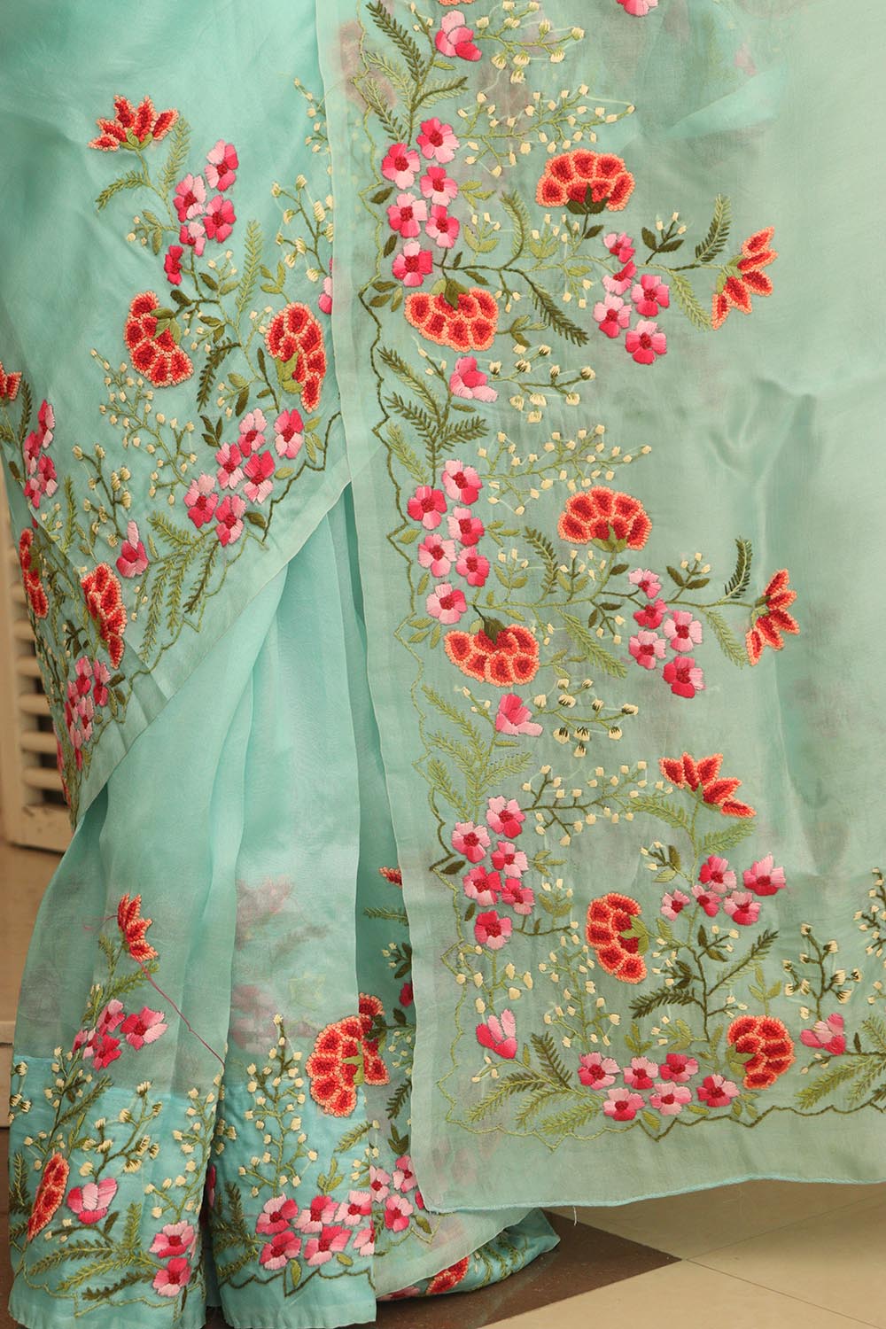 Blue Embroidered Trendy Pure Organza Silk French Knot Saree - Luxurion World