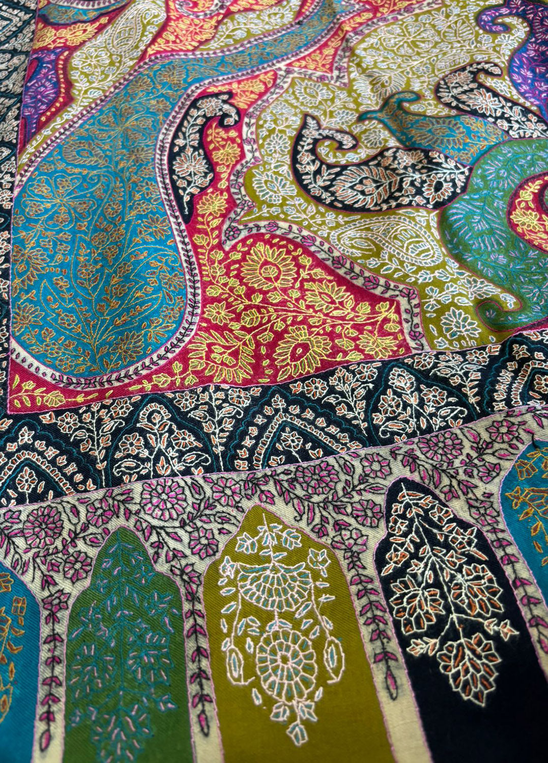 Multicolor Kashmiri Needle Work Pure Pashmina Shawl — Paisley Motif, Ethnic
