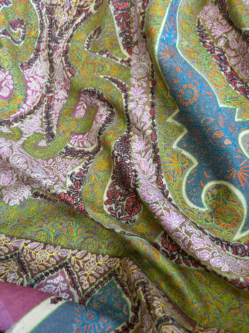 Green Kashmiri Needle Work Pure Pashmina Shawl — Floral Embroidery, Festive