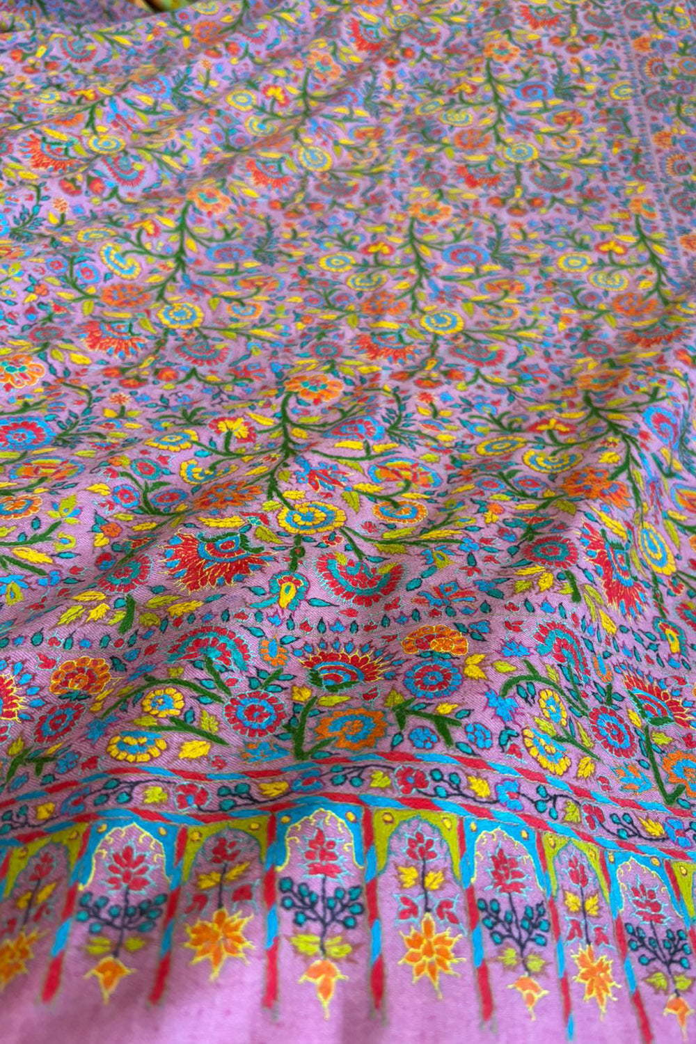 Pink Kashmiri Needle Work Pure Pashmina Shawl — Rose Floral, Festive