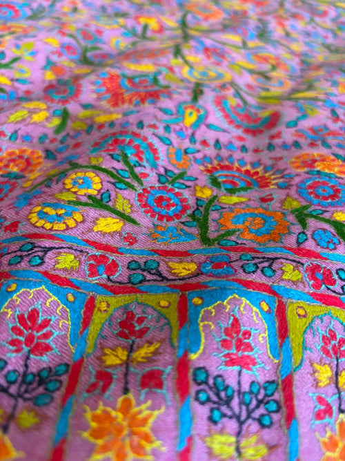 Pink Kashmiri Needle Work Pure Pashmina Shawl — Rose Floral, Festive