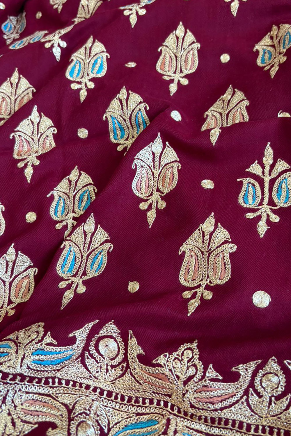 Maroon Kashmiri Needle Work Pure Pashmina Shawl — Rich Floral, Bridal