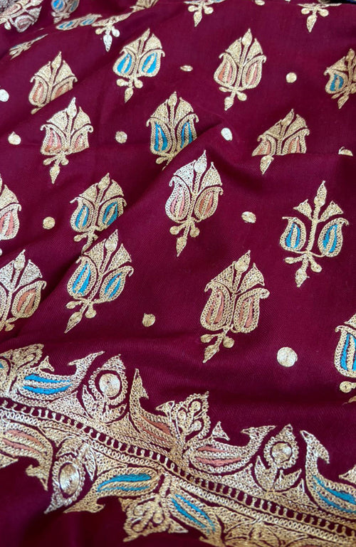 Maroon Kashmiri Needle Work Pure Pashmina Shawl — Rich Floral, Bridal