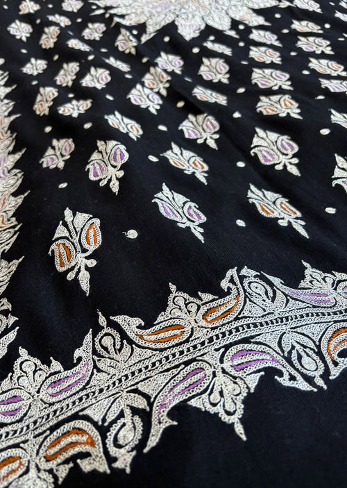 Black & White Kashmiri Tilla Work Pure Pashmina Shawl — Floral, Luxury