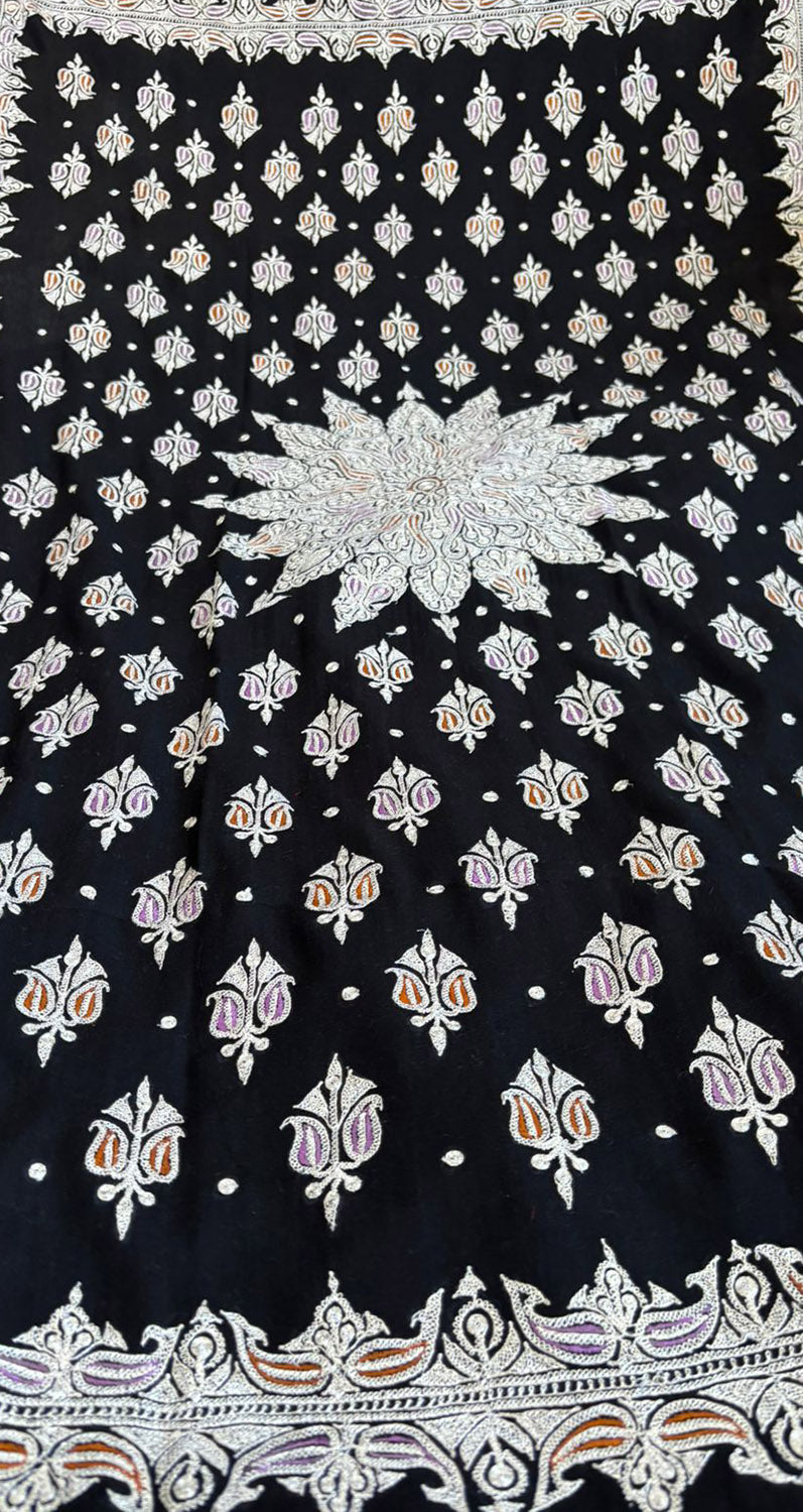Black & White Kashmiri Tilla Work Pure Pashmina Shawl — Floral, Luxury