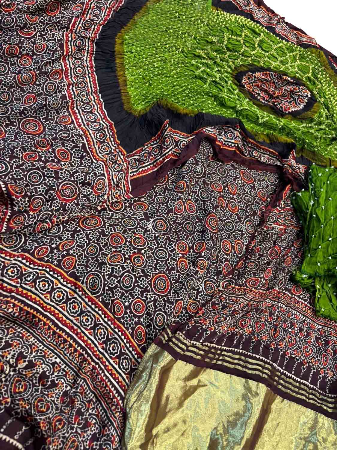 Green Ajrakh Modal Silk Suit With Hand Bandhej Dupatta And Bottom - Luxurion World