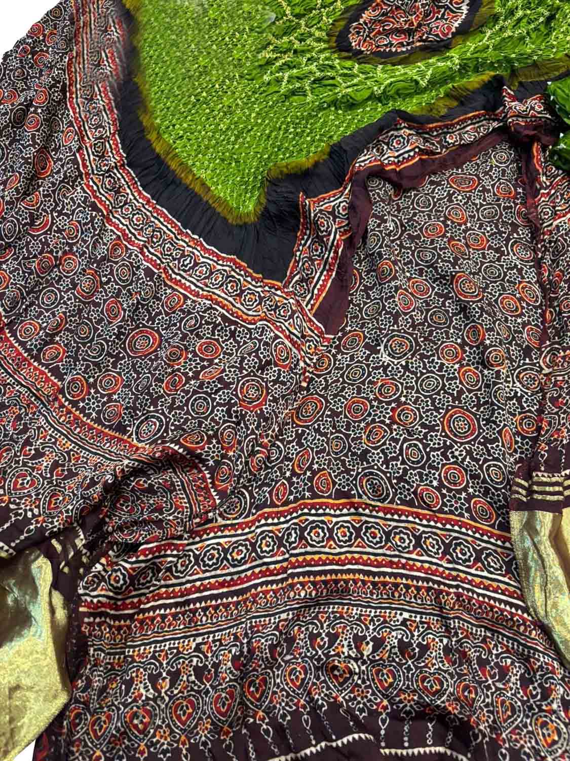 Green Ajrakh Modal Silk Suit With Hand Bandhej Dupatta And Bottom - Luxurion World