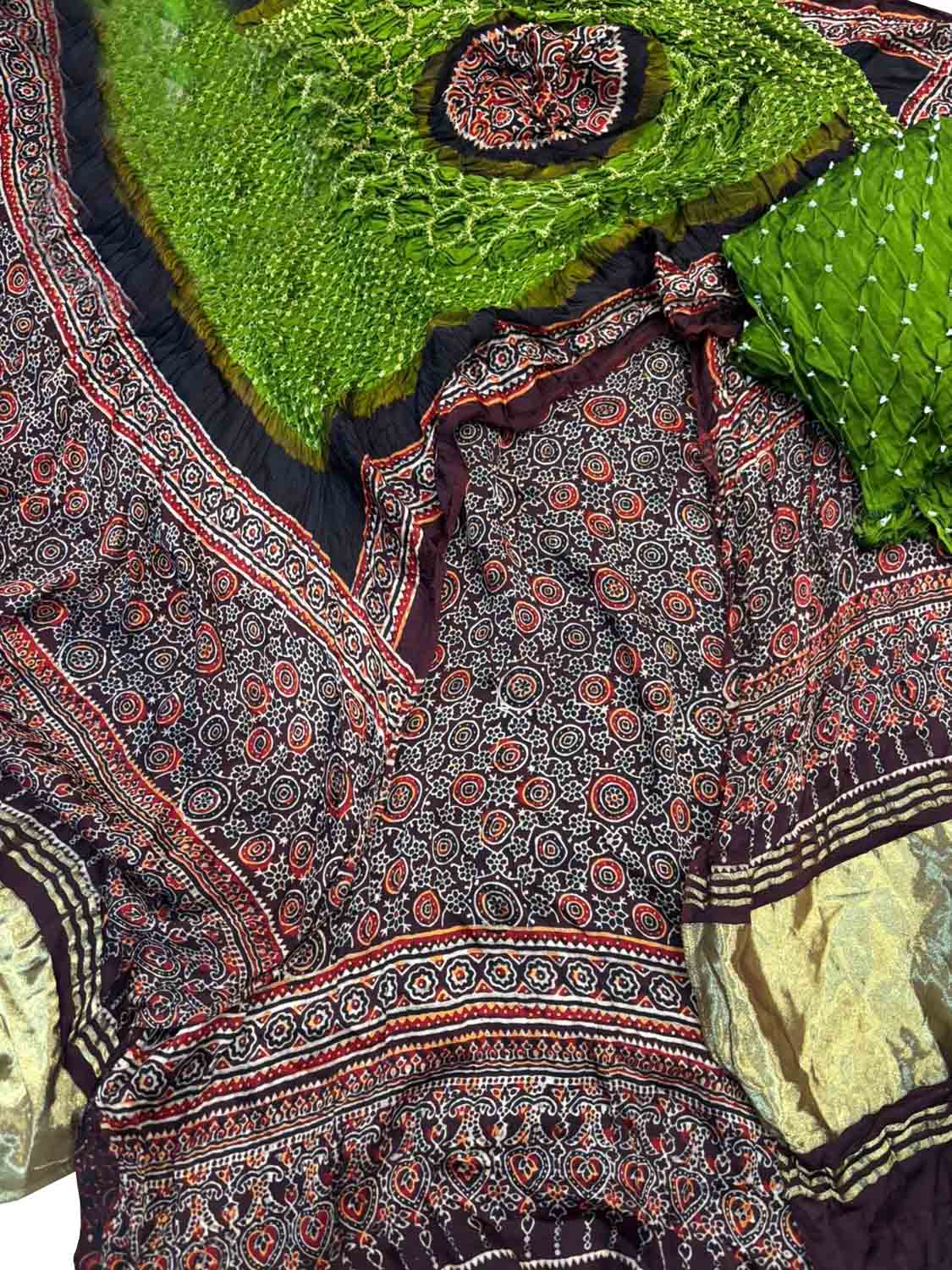 Green Ajrakh Modal Silk Suit With Hand Bandhej Dupatta And Bottom - Luxurion World