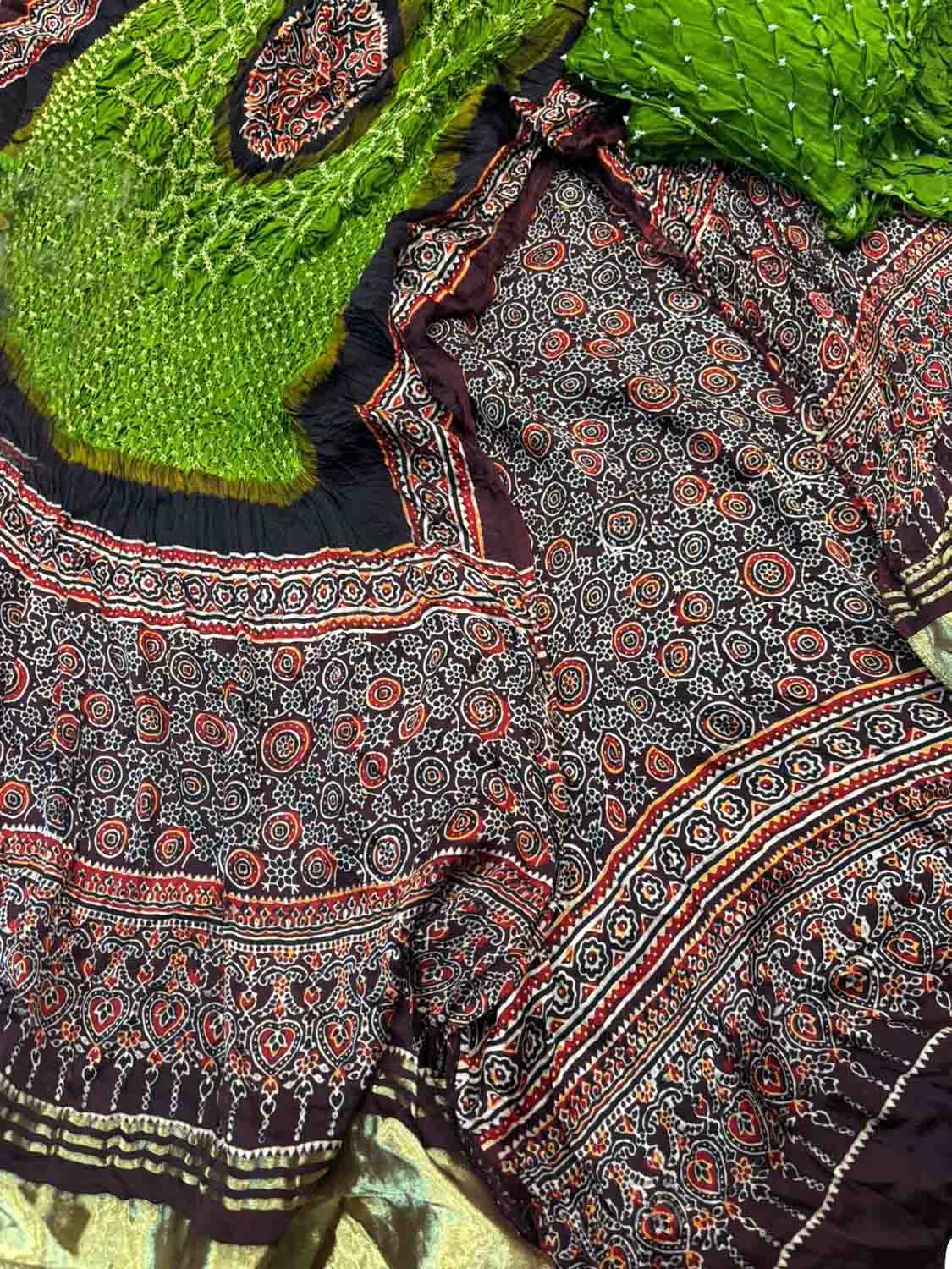 Green Ajrakh Modal Silk Suit With Hand Bandhej Dupatta And Bottom - Luxurion World