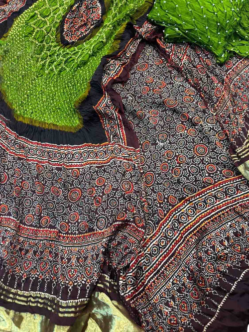 Green Ajrakh Modal Silk Suit With Hand Bandhej Dupatta And Bottom - Luxurion World
