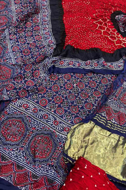 Red Ajrakh Modal Silk Suit With Hand Bandhej Dupatta And Bottom - Luxurion World