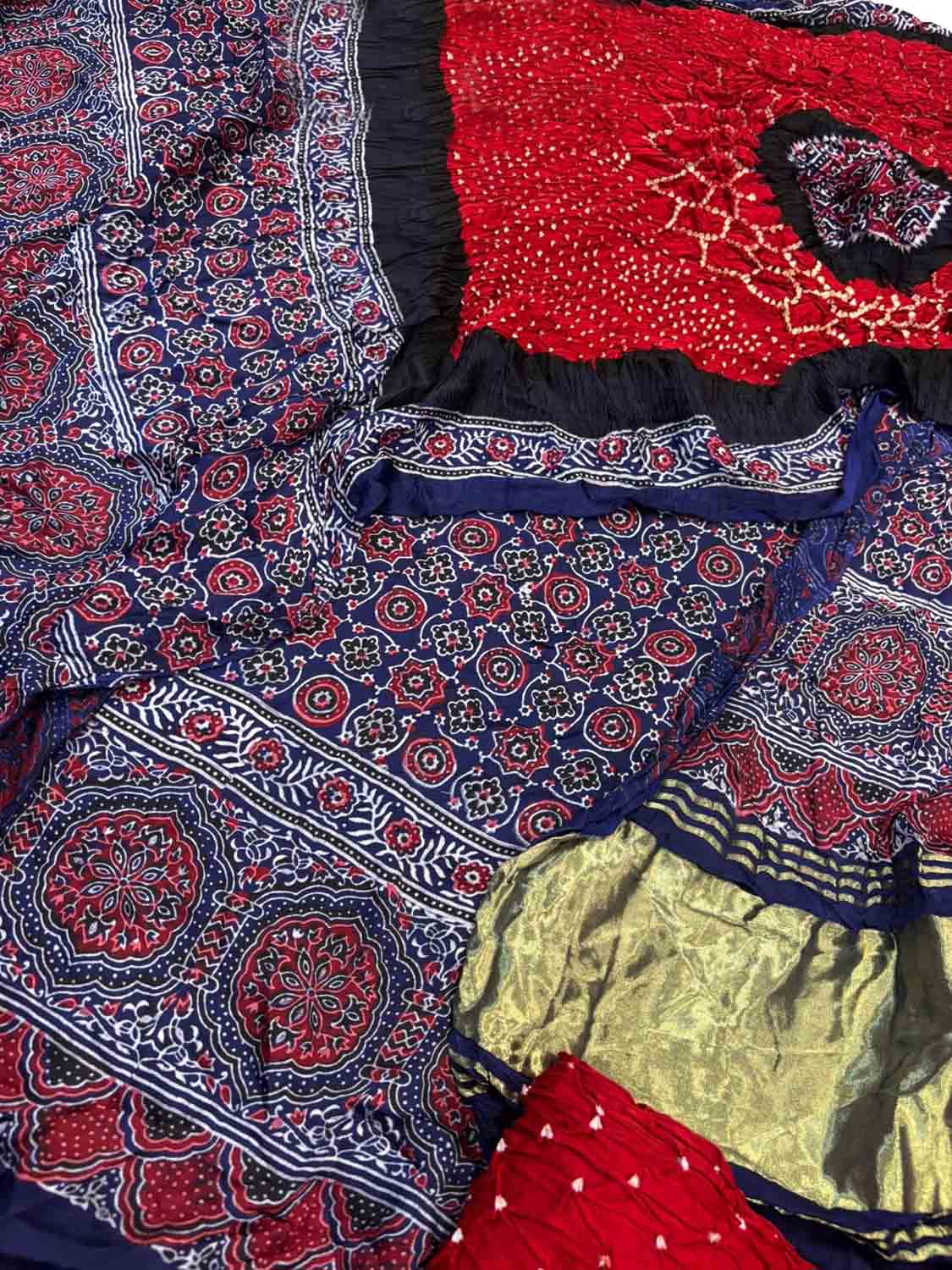 Red Ajrakh Modal Silk Suit With Hand Bandhej Dupatta And Bottom - Luxurion World